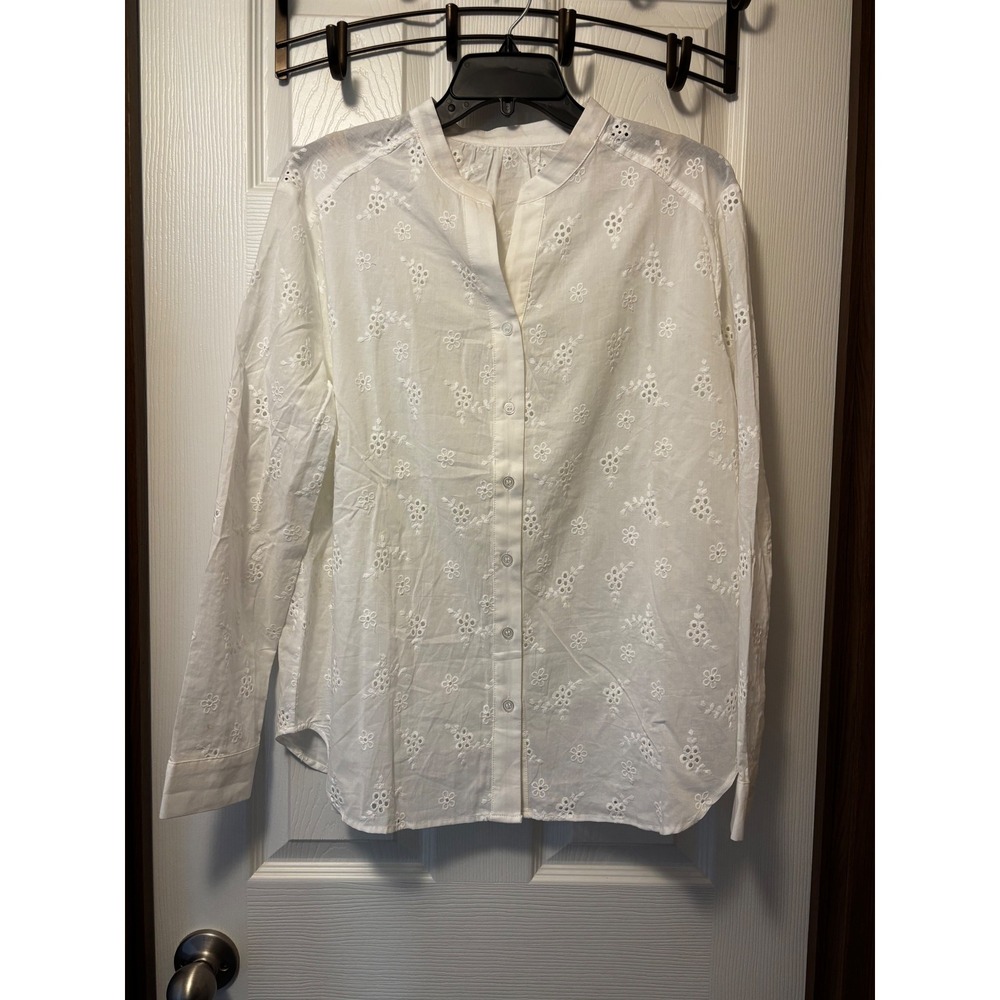 Olaesa White Cotton Eyelet Embroidered Button Down Blouse Top Size M NWT